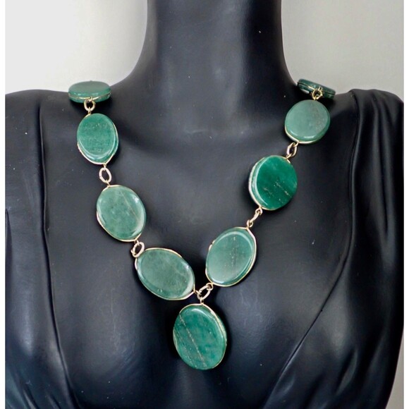 Green Aventurine Necklace & Matching Bracelet Stone Disk Gold Tone Wire Links - Picture 6 of 16